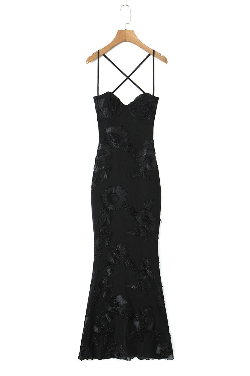 Apricot 3D Flower Fitted Long Dress