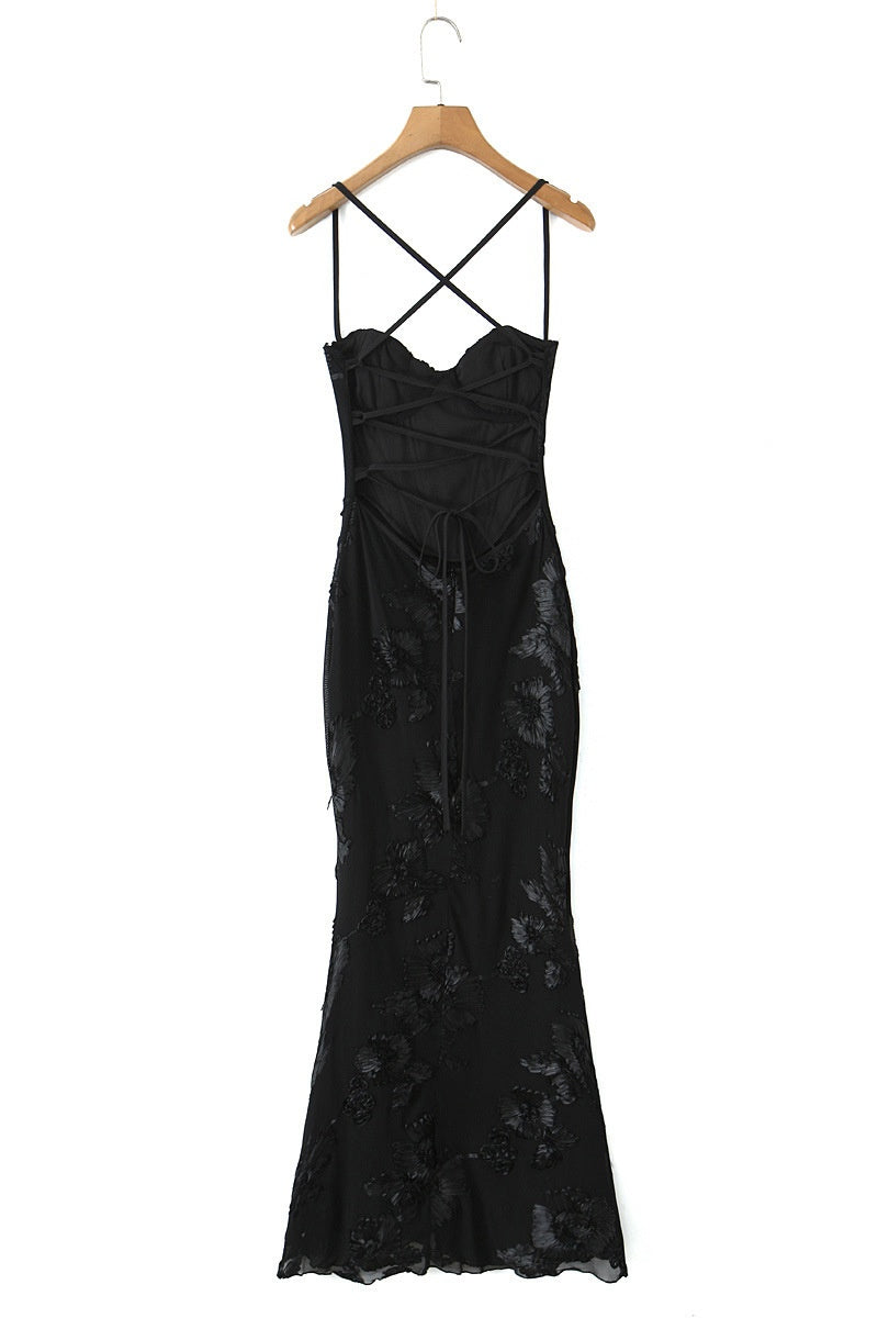 Apricot 3D Flower Fitted Long Dress