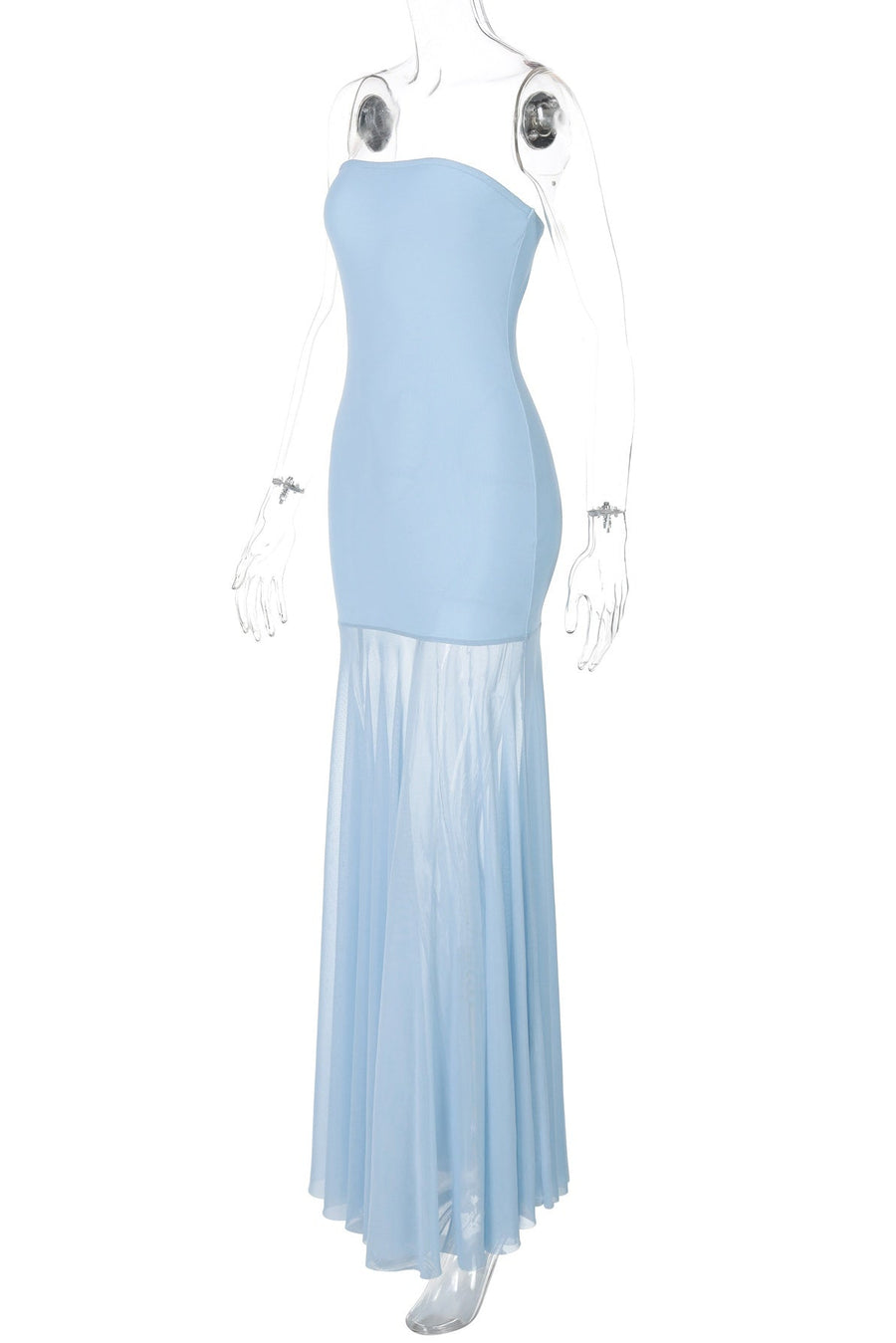 Sheer Mesh Light Blue Strapless MaxiDress