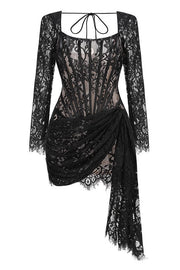 Long Sleeves Black Lace Tight Dress with Train
