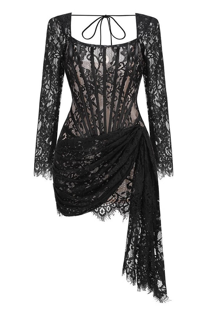 Long Sleeves Black Lace Tight Dress with Train
