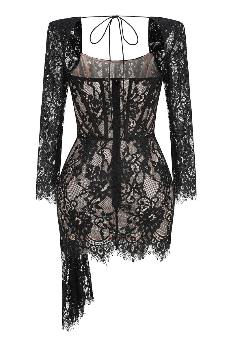Long Sleeves Black Lace Tight Dress with Train