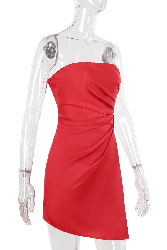 Red Ruched Asymmetric Short Dress