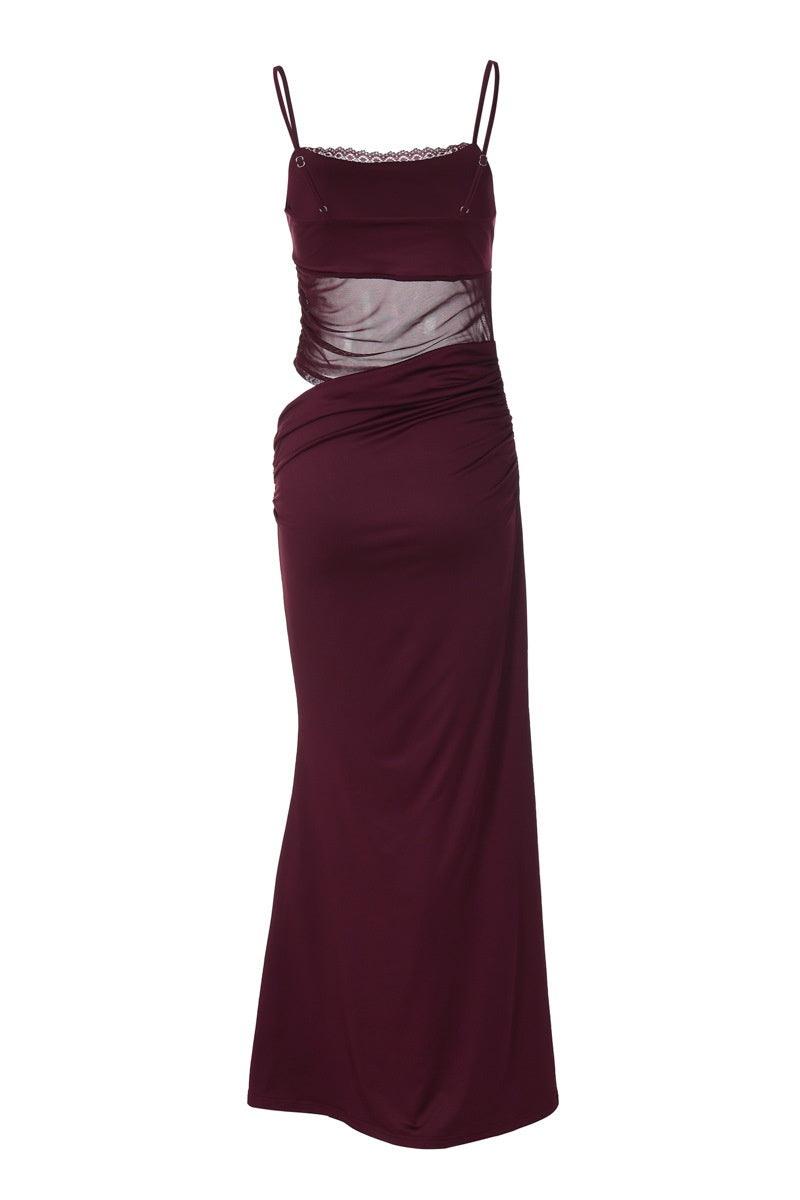 Straps Burgundy Sheer Mermaid Long Dress