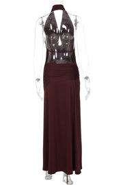Halter Cowl Neck Burgundy Long Dress