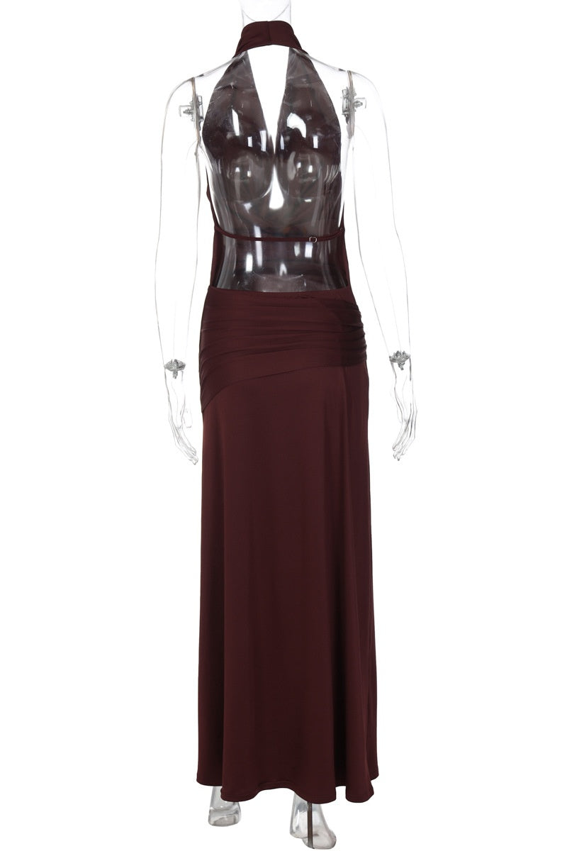 Halter Cowl Neck Burgundy Long Dress