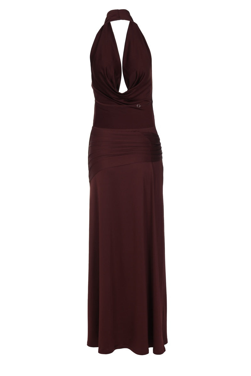 Halter Cowl Neck Burgundy Long Dress