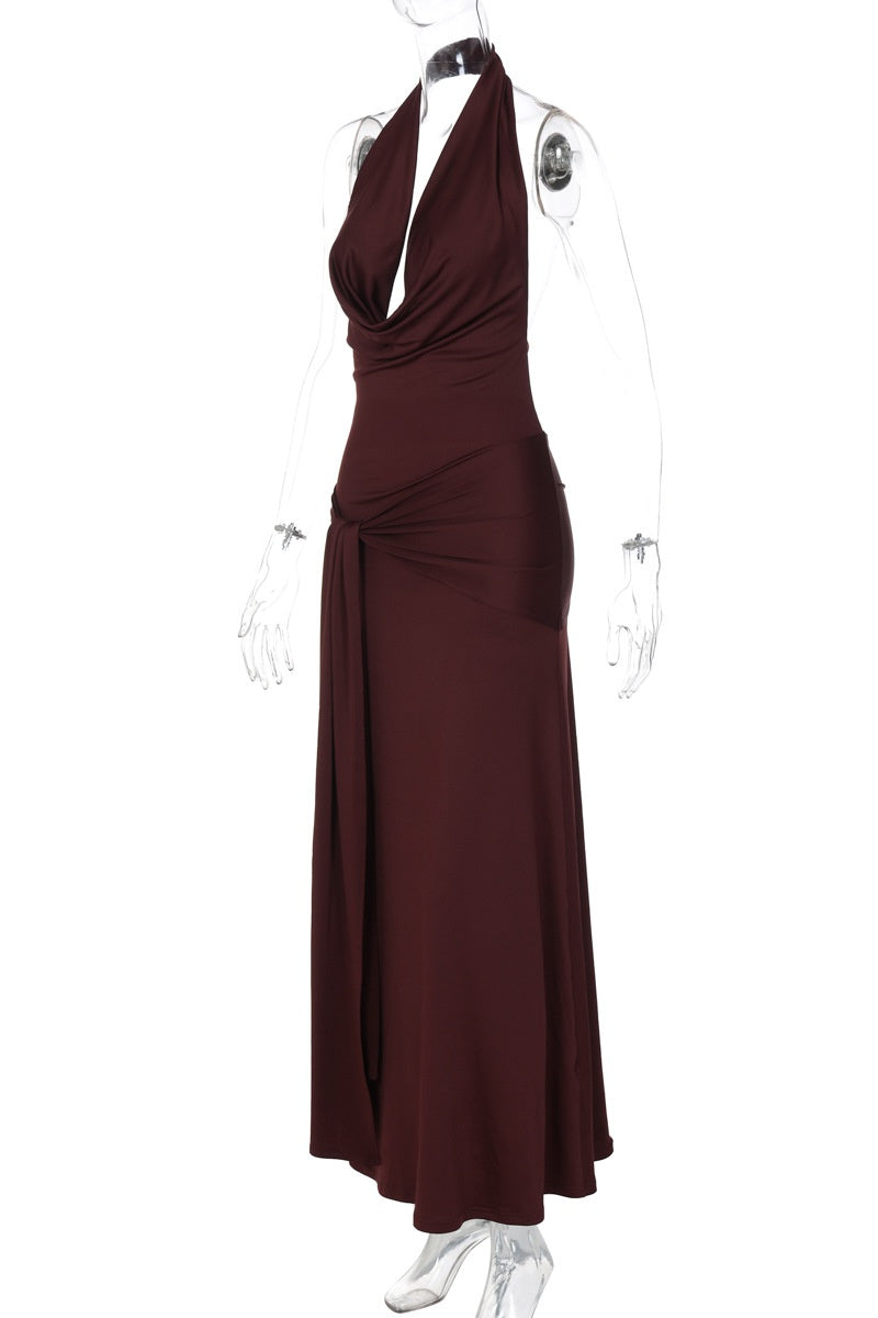 Halter Cowl Neck Burgundy Long Dress