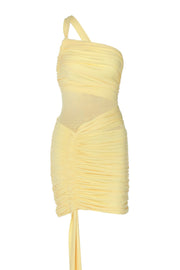 One Shoulder Yellow Ruched Tight Dress