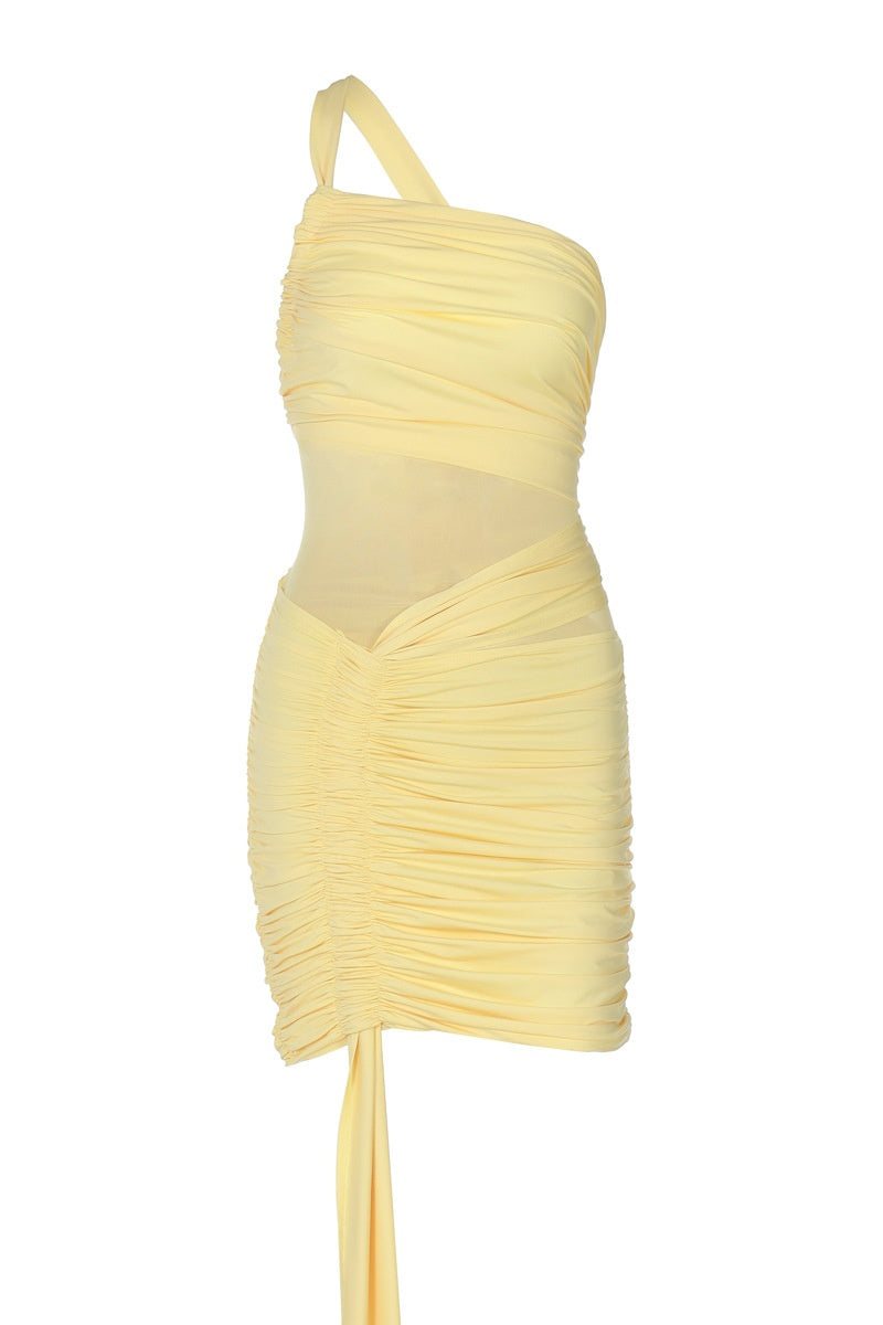 One Shoulder Yellow Ruched Tight Dress