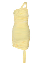 One Shoulder Yellow Ruched Tight Dress