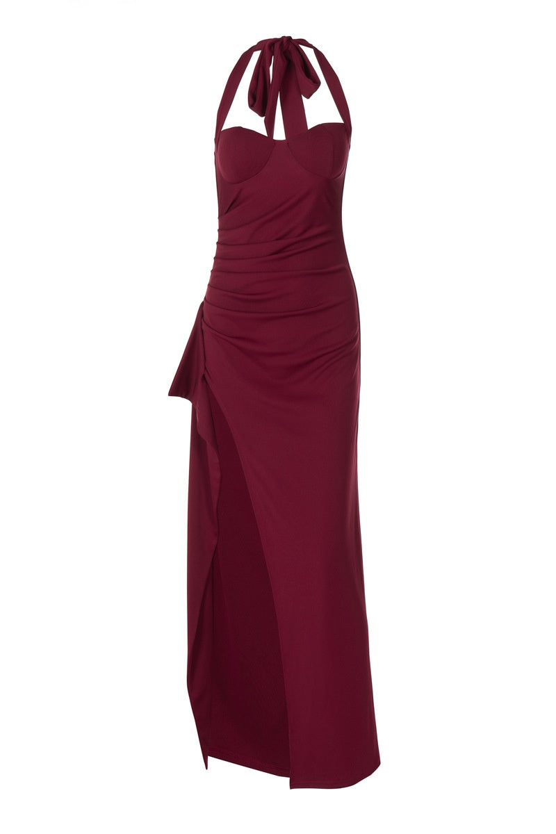 Burgundy Halter Frill Slit Long Dress