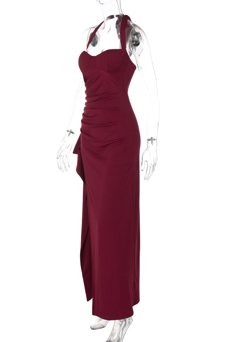 Burgundy Halter Frill Slit Long Dress