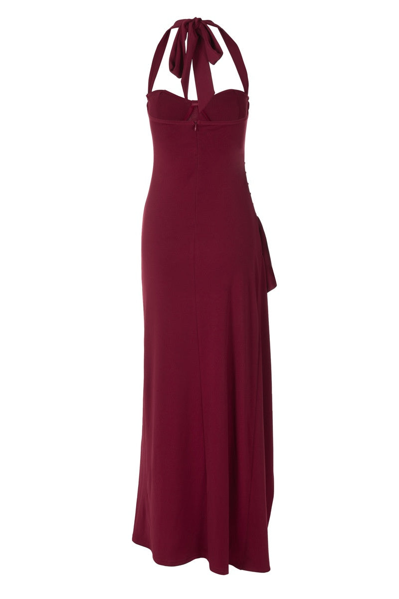 Burgundy Halter Frill Slit Long Dress