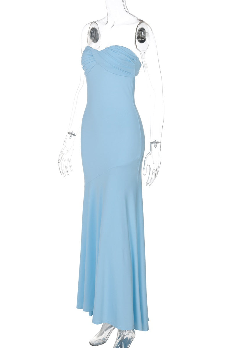 Strapless Blue Fitted Long Maxi Dress