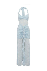 Light Blue Lace Halter Fitted Long Dress