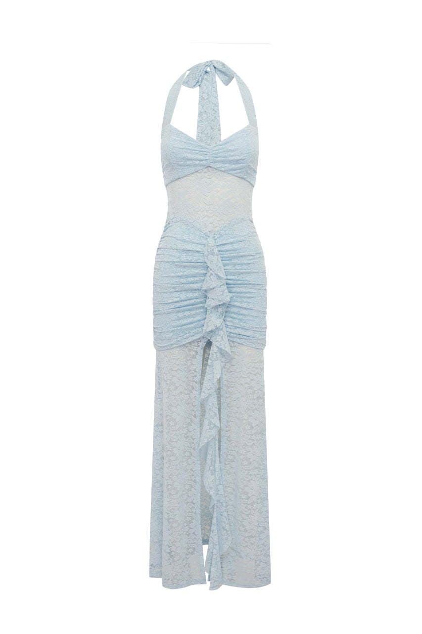 Light Blue Lace Halter Fitted Long Dress