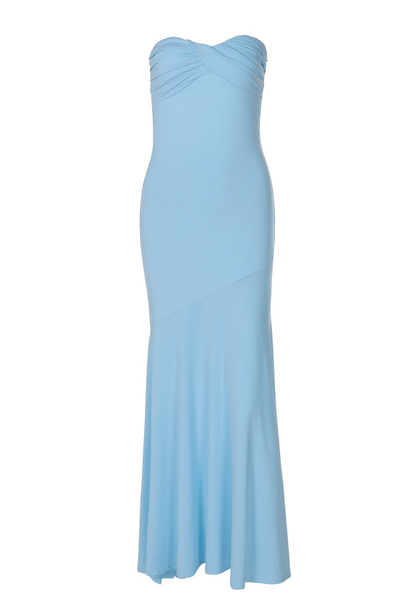 Strapless Blue Fitted Long Maxi Dress