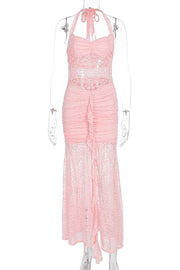 Light Blue Lace Halter Fitted Long Dress