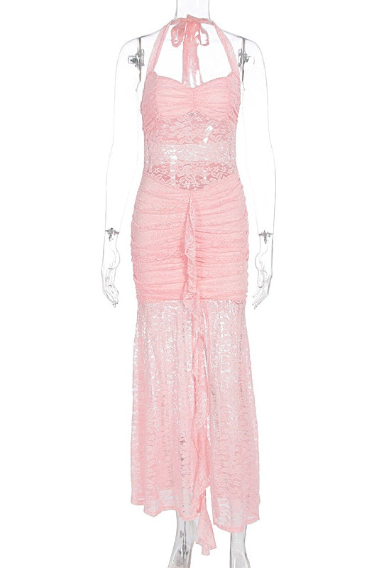 Light Blue Lace Halter Fitted Long Dress