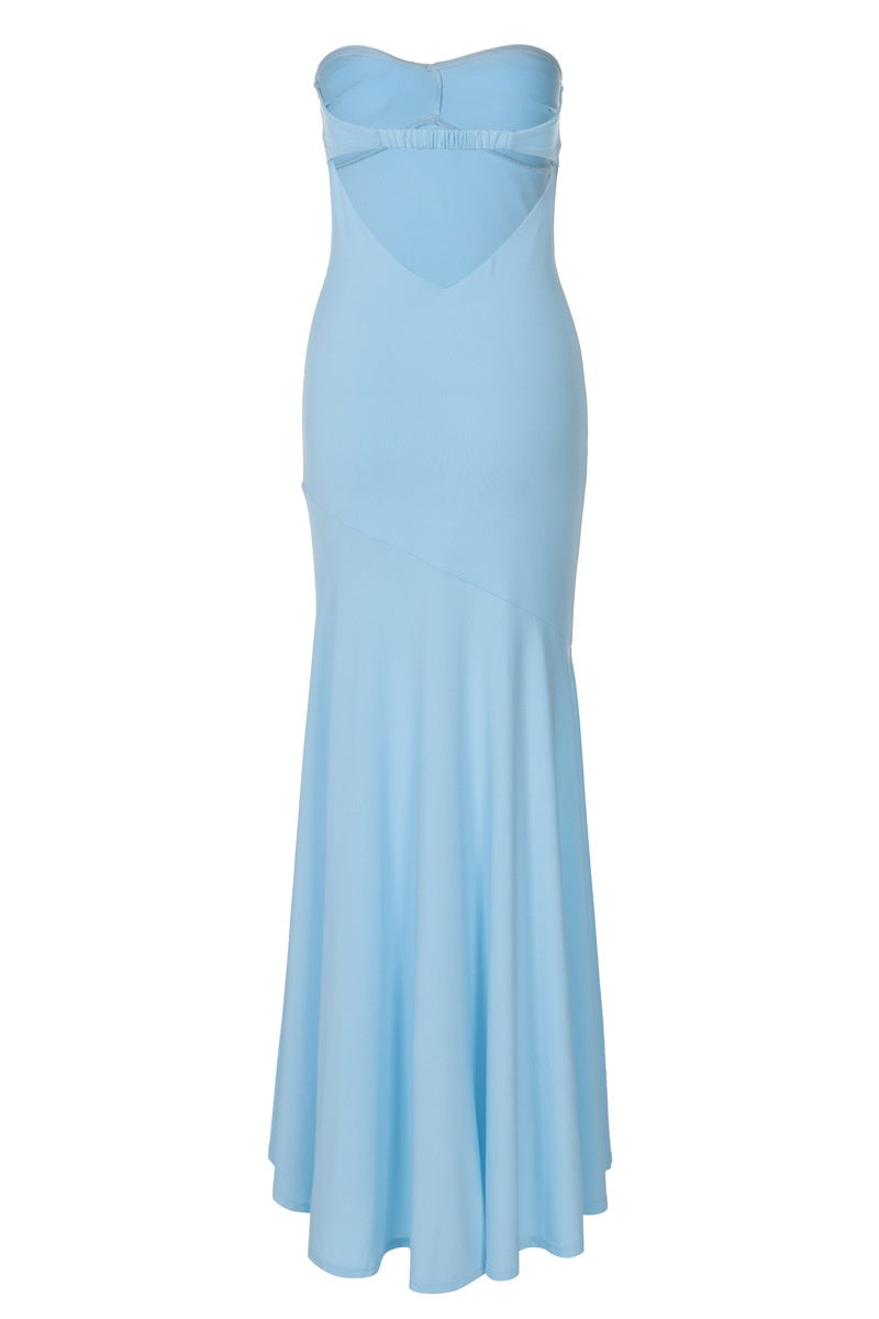 Strapless Blue Fitted Long Maxi Dress