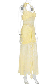 Light Blue Lace Halter Fitted Long Dress