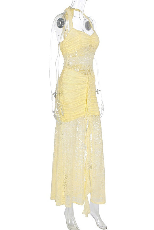 Light Blue Lace Halter Fitted Long Dress