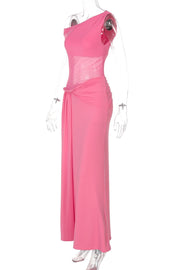 One Shoulder Hot Pink Sheer Long Dress