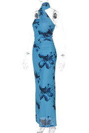 Blue Floral Halter Fitted Long Dress