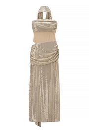 Blue Sequin Strapless Ruched Long Dress with Scarf
