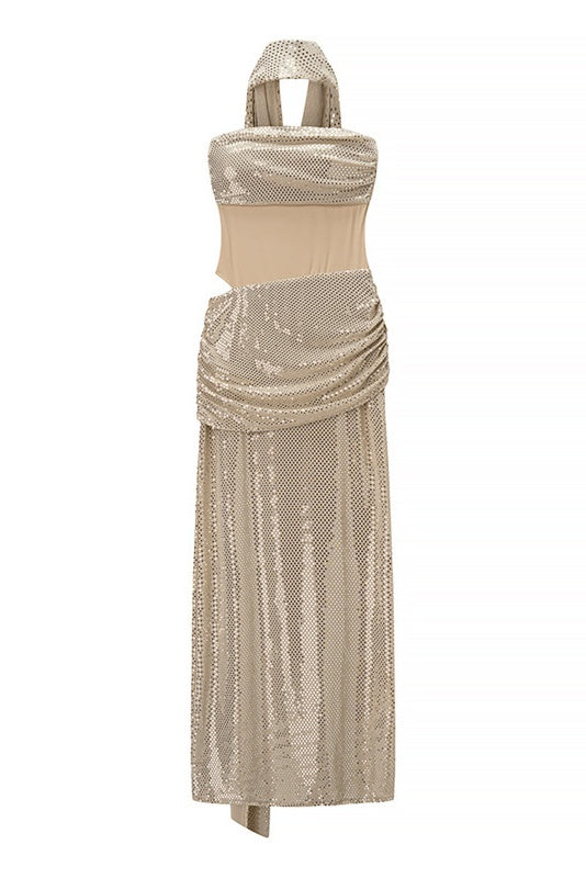 Blue Sequin Strapless Ruched Long Dress with Scarf