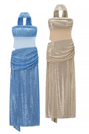 Blue Sequin Strapless Ruched Long Dress with Scarf