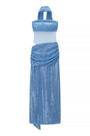Blue Sequin Strapless Ruched Long Dress with Scarf