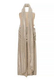 Blue Sequin Strapless Ruched Long Dress with Scarf