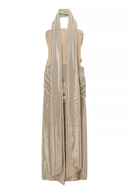 Blue Sequin Strapless Ruched Long Dress with Scarf