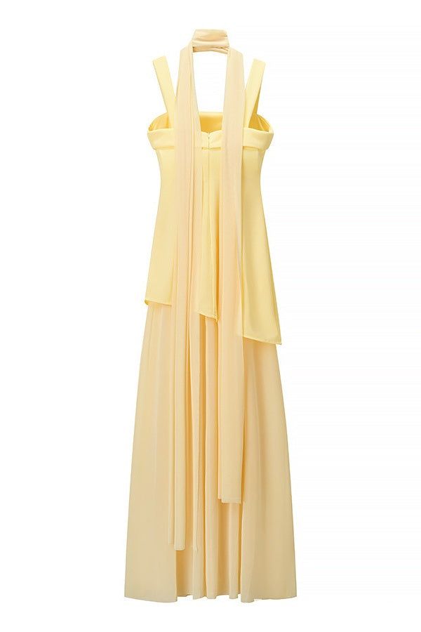 Yellow Straps A-line Maxi Dress with Scarf