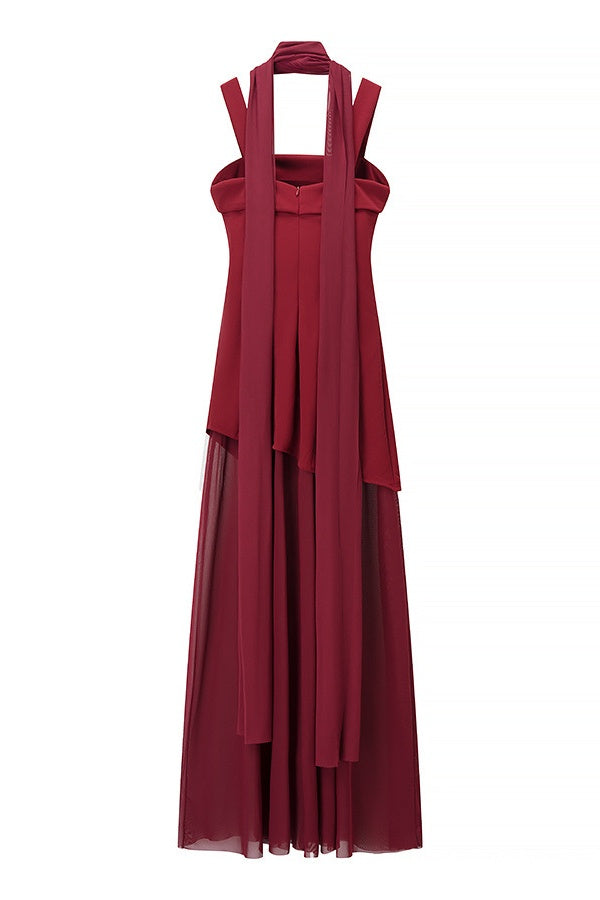 Yellow Straps A-line Maxi Dress with Scarf