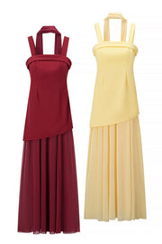 Yellow Straps A-line Maxi Dress with Scarf