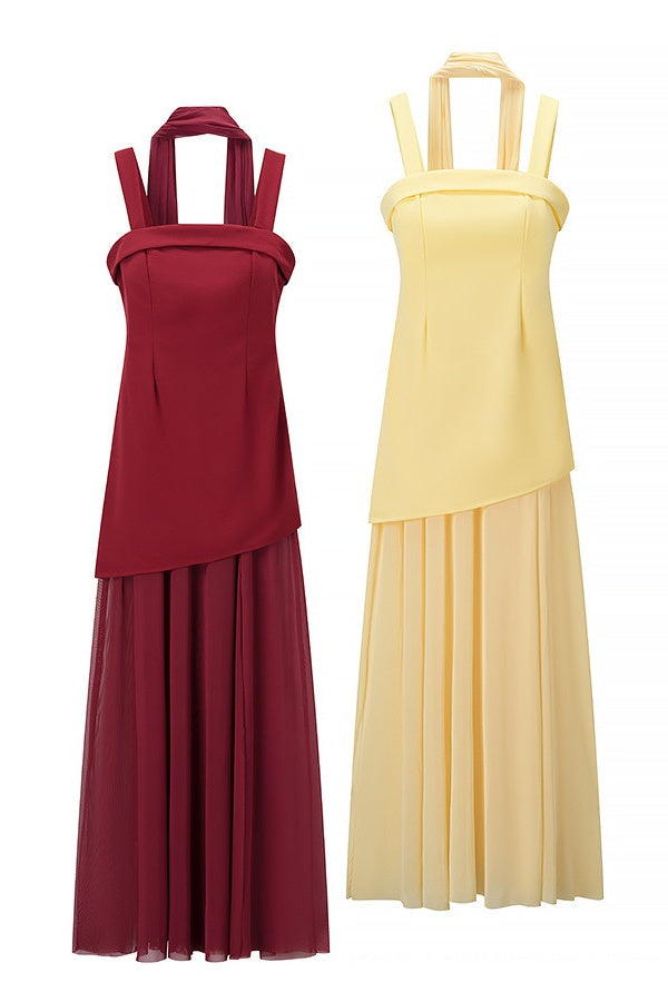Yellow Straps A-line Maxi Dress with Scarf