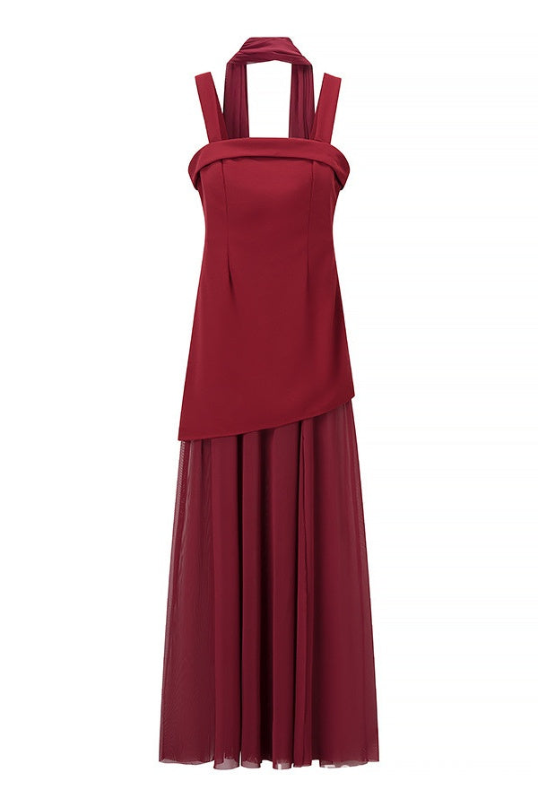 Yellow Straps A-line Maxi Dress with Scarf