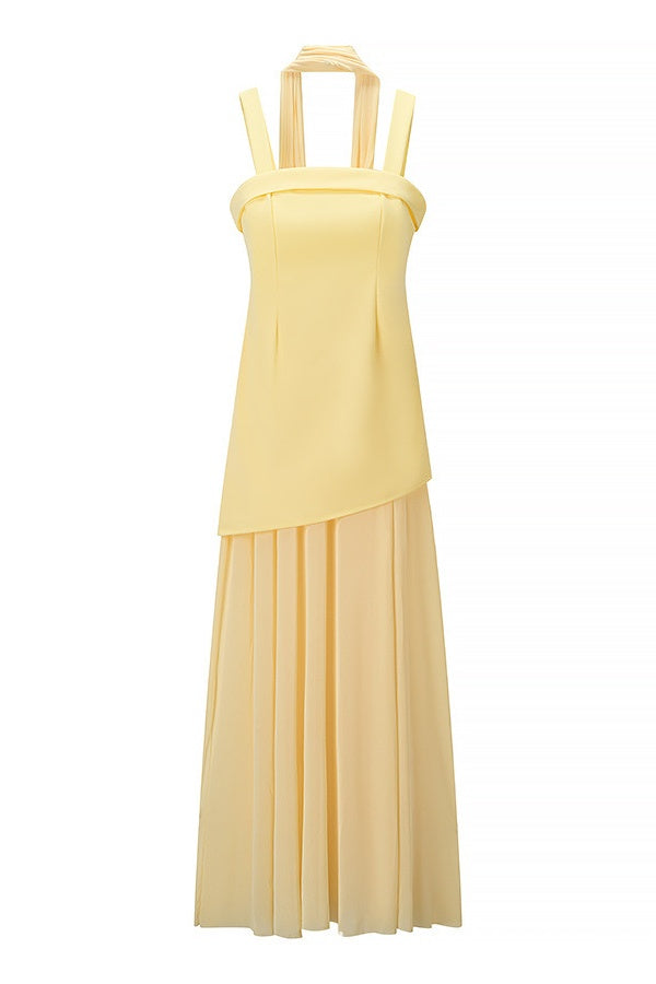 Yellow Straps A-line Maxi Dress with Scarf
