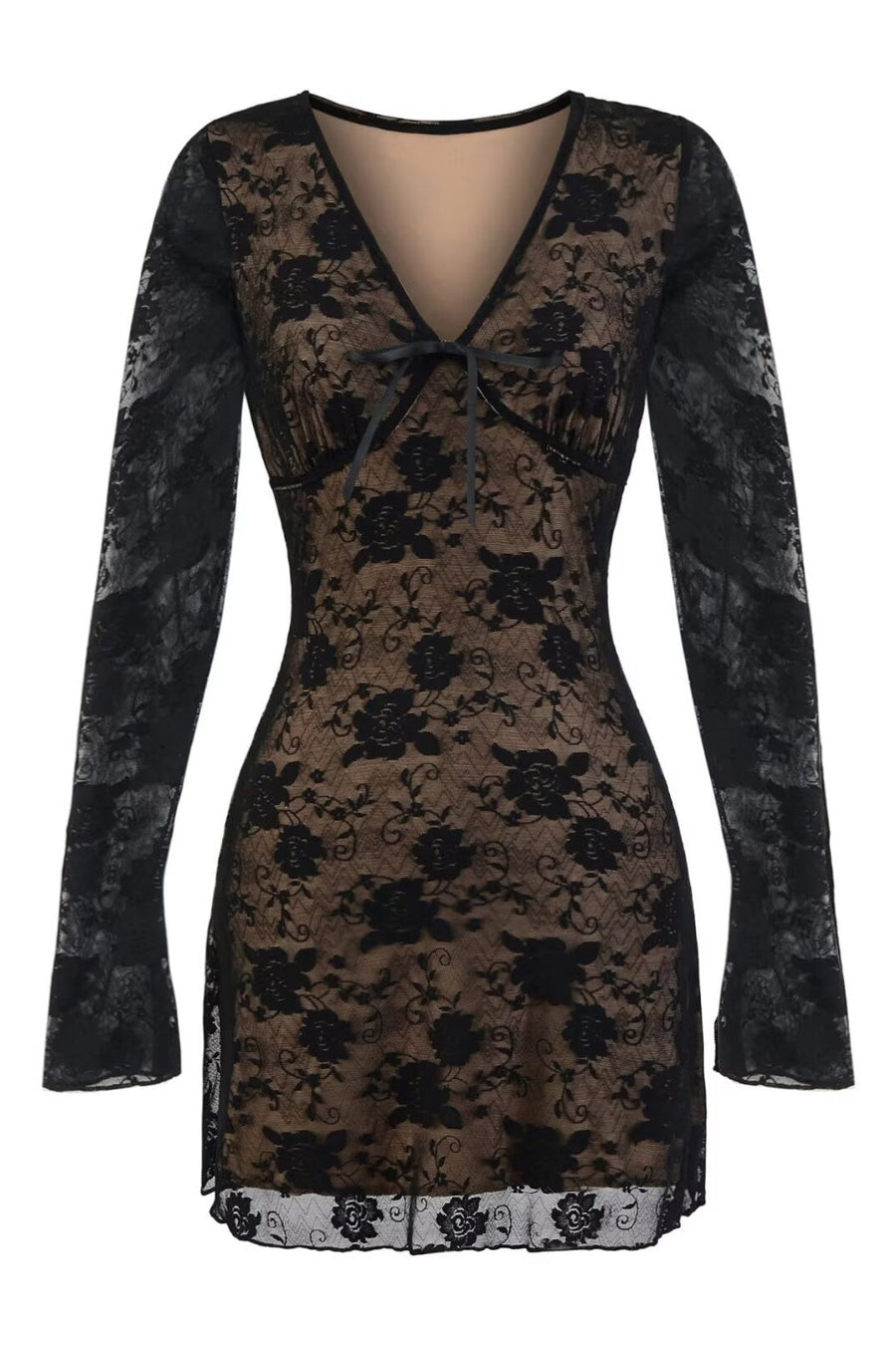 Long Sleeves Burgundy Lace Short Dress