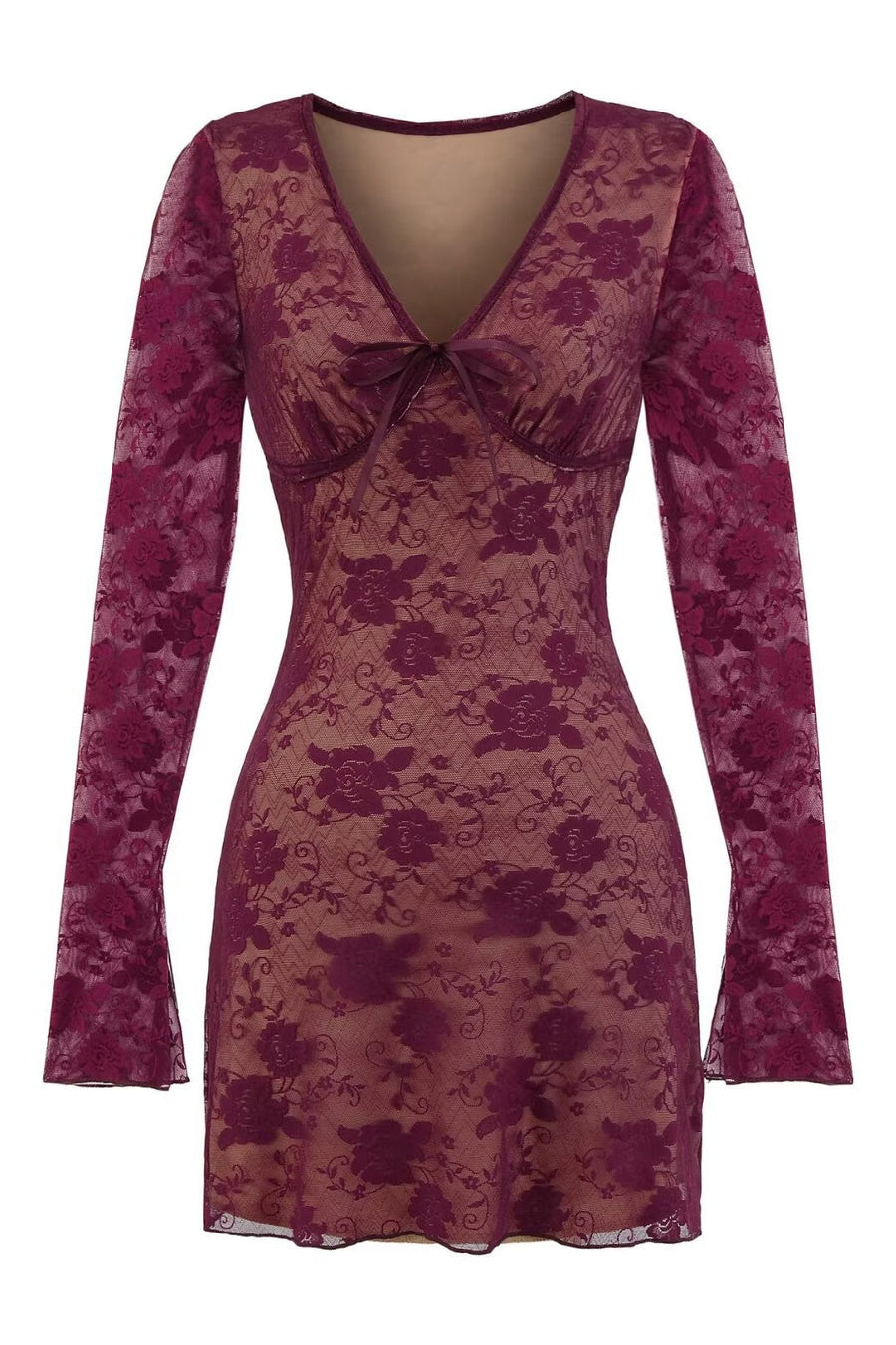 Long Sleeves Burgundy Lace Short Dress