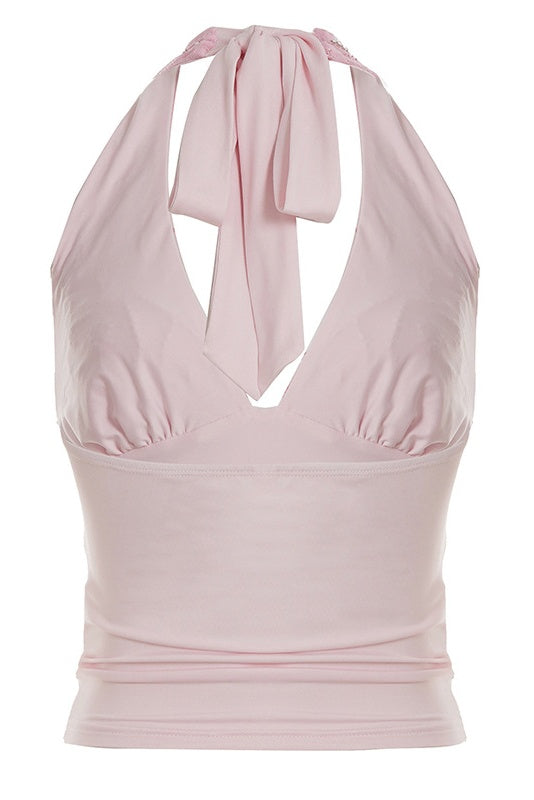 Halter Pink Beaded Fitted Top