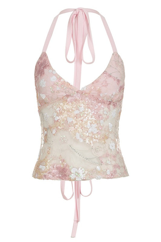 Pink Floral Beaded Sheer Crop Top