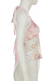 Pink Floral Beaded Sheer Crop Top