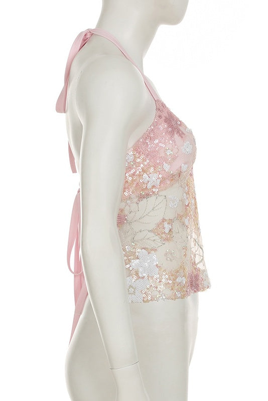 Pink Floral Beaded Sheer Crop Top