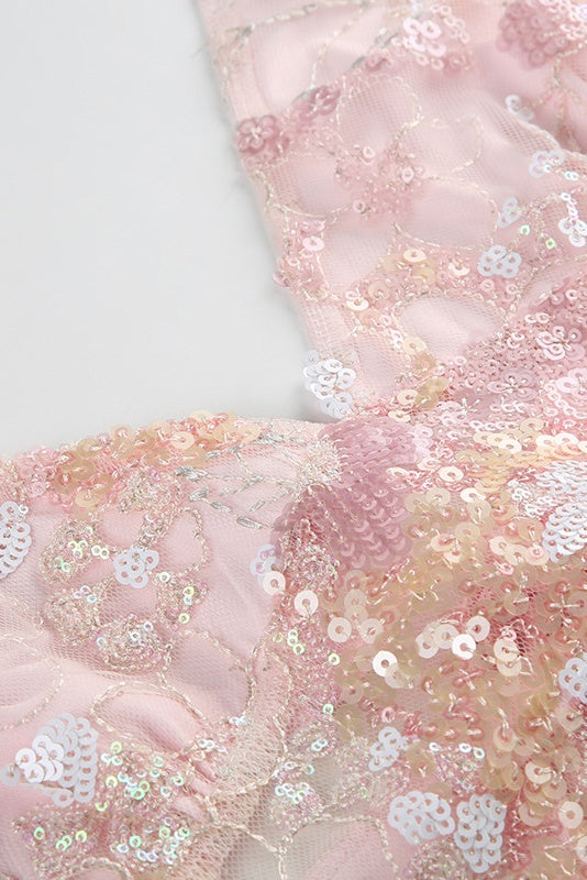 Pink Floral Beaded Sheer Crop Top