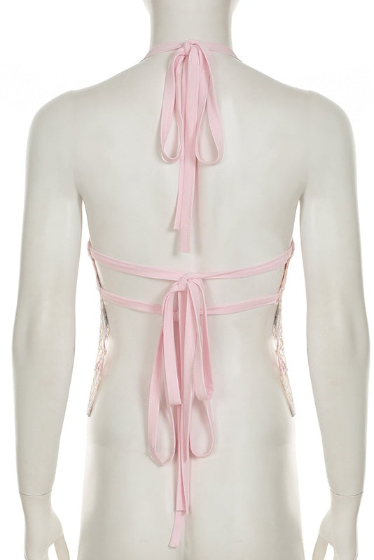 Pink Floral Beaded Sheer Crop Top