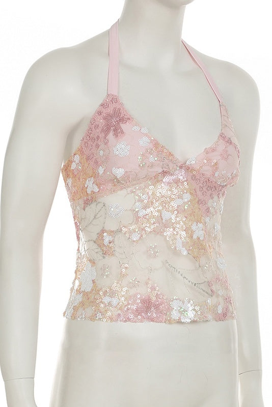 Pink Floral Beaded Sheer Crop Top